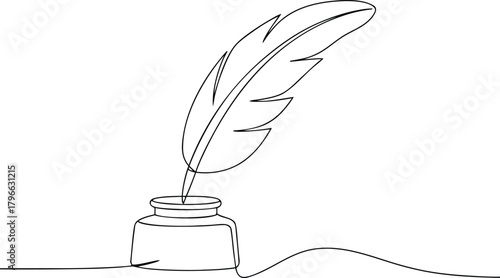 Black line drawing of a quill pen in an inkwell writing