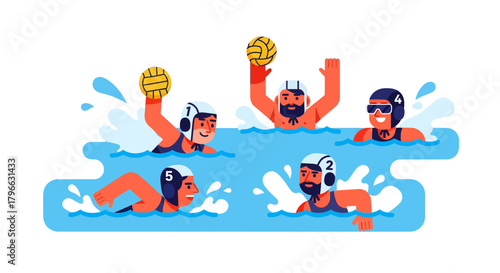 Illustration Of Water Polo Match In Progress With Dynamic Players And Ball At Play