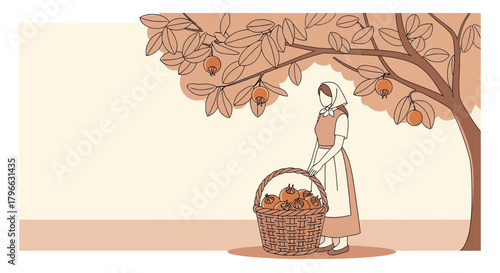Illustration Of Woman Harvesting Under Fruit Tree With Wicker Basket