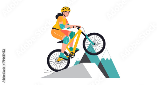 Illustration Of Woman Riding Mountain Bike Demonstrating Skill And Courage On Terrain