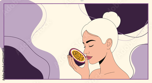 Illustration Of Woman Smelling Passion Fruit Amidst Abstract Geometric Designs