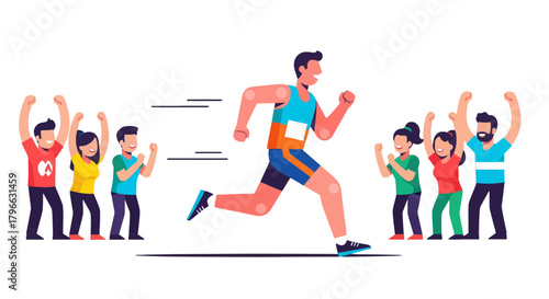 Illustration Representing a Marathon Runner Embraced By Encouraging Cheerleaders