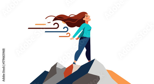 Illustration Of Woman On Mountain Peak, Embracing The Wind And Feeling Freedom