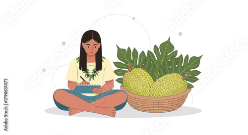 Illustration Of Woman Writing Next To Breadfruit, Botanical Elements And Culture