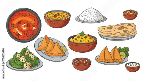 Delicious Indian cuisine featuring samosas, curries, rice, and naan bread for a vibrant and flavorful culinary experience at a restaurant