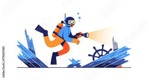 Illustrative Diver Exploring the Depths of a Sunken Ship's Underwater Remains