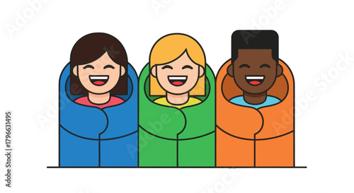 Joyful Campers Relaxing in Sleeping Bags Preparing for Adventure and Fun Moments