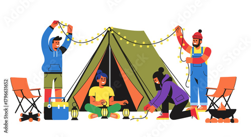 Joyful Camping Trip Illustration: Friends Preparing and Decorating Their Campsite Together
