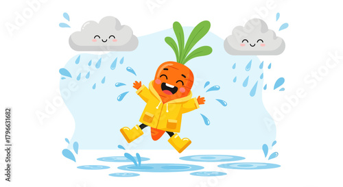 Joyful Carrot Character Frolicking in the Rain: Cheerful Cartoon Illustration Design