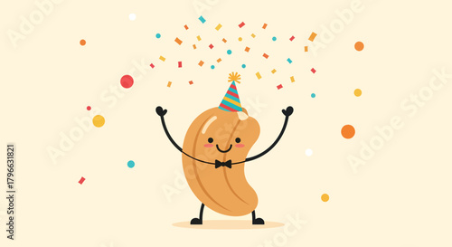 Joyful Cashew Character Celebrating Festive Moments Surrounded By Colorful Confetti