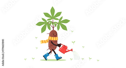 Joyful Cassava Character Watering Sprout Plants With Playful Animated Style Illustration