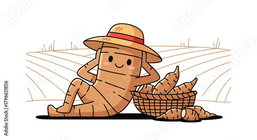 Joyful Cassava Farmer Resting Near Harvested Tubers With A Field Background