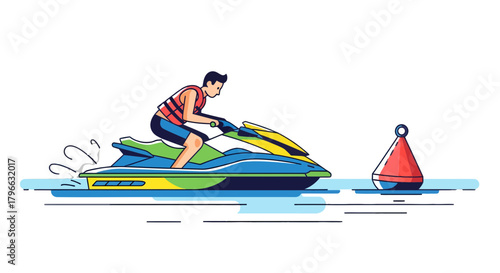 Jet Skiing Adventure: Enjoying Thrilling Water Sport Recreational Activity Illustration
