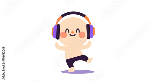 Joyful Character Dancing While Enjoying Music Through Purple and Orange Headphones