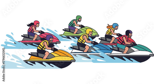 Jet Skiing Adventure: Colorful People Enjoying Water Sports on the Black Background