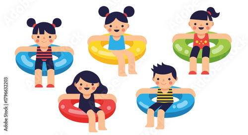 Joyful Characters Floating on Inner Tubes, Summer Recreation and Playful Times