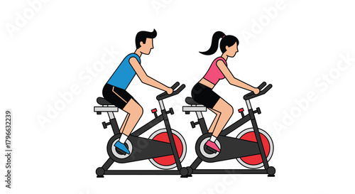 Active couple enjoys indoor cycling class in a vibrant studio, perfect for fitness promotions and workout routines