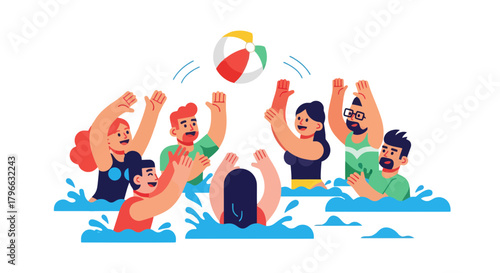 Joyful Characters Playing Beach Ball In Water With Animated and Colorful Style