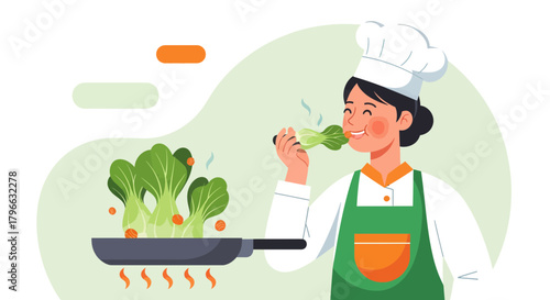 Joyful Chef Tasting Freshly Cooked Bok Choy in Modern Kitchen Concept