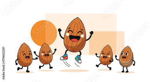 Joyful Almond Cartoon Characters Celebrate Healthy Eating in a Delightful Arrangement
