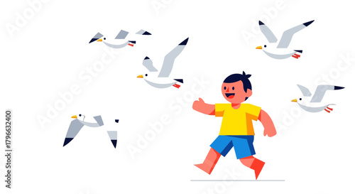 Joyful Child Amidst Flying Seabirds Against a Stark Black Background Scene