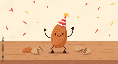 Joyful Almond Celebration With Party Hat And Confetti, Nutty Celebration