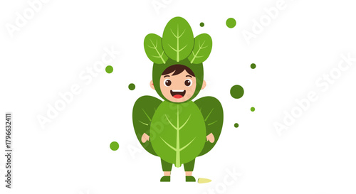 Joyful Child Character Wearing Green Leaf Costume with a Black Background Design