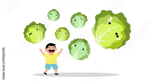 Joyful Child Celebrates Fresh Greens Falling From Sky Against a Dark Background