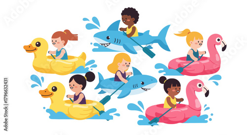 Joyful Aquatic Adventures Featuring Inflatable Animals and Diverse Children on Water