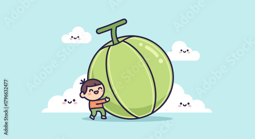 Joyful Child Embracing a Large Melon Fruit Cartoon Illustration in a Charming Setting