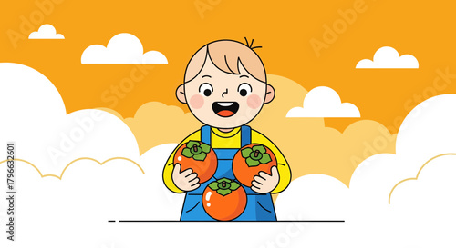 Joyful Child Holding Persimmons Against A Background Of Clouds And Orange Sky