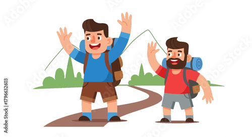 Joyful Backpackers Celebrate A Successful Hike On A Trail Along Green Mountains