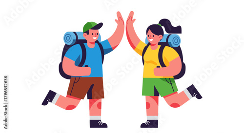 Joyful Backpackers Celebrate Achievement with High Five After Reaching A Milestone