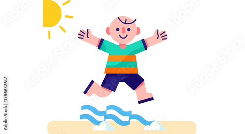 Joyful Child Leaping Over Water With The Sun Shining Above