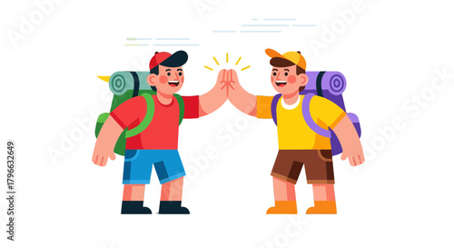 Joyful Backpackers Celebrate High Five Achievement During Outdoor Adventure Journey