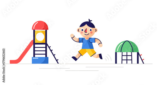 Joyful Child Playing And Running Around The Playground On A Sunny Day