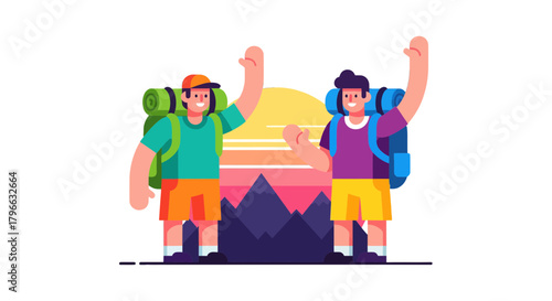 Joyful Backpackers Celebrate Successful Ascent Amongst Mountain Sunset Vistas Together