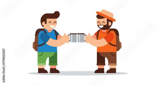 Joyful Backpackers Celebrate With Beverages During Outdoor Adventure and Friendly Bonding