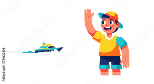 Joyful Child Waving Farewell to a Yacht on a Journey of Dream and Excitement