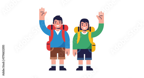 Joyful Backpackers Waving Greetings, Ready For Adventures During A Relaxing Vacation