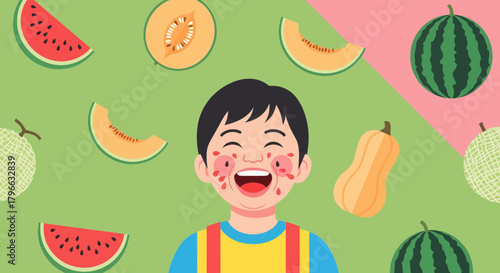 Joyful Child With Fruit Reaction Surrounded By Melons and Watermelons