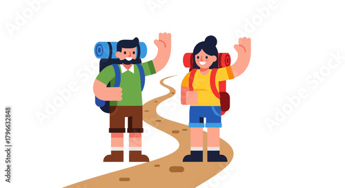 Joyful Backpackers Waving Hands While Hiking on a Trail Toward an Adventure