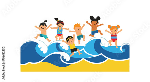 Joyful Beach Adventure: A Group Of Kids Leaping Over Rolling Waves In Illustration