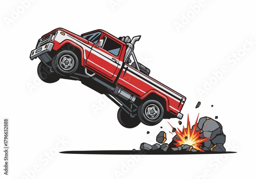 Red vintage pickup truck performing extreme offroad jump over exploding rocks vector illustration isolated white background