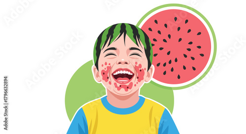 Joyful Child With Watermelon Face Paint and Smiling, Summer Fruit Illustration