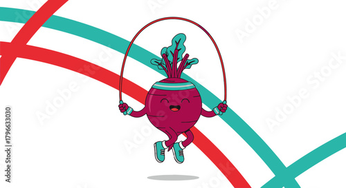 Joyful Beet Character Skips Rope, Performing Sport Activity with Energetic Vigor and Delight