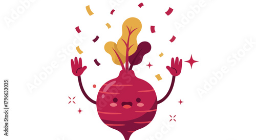 Joyful Beetroot With Arms Celebrating With Confetti On a Dark Background Illustration