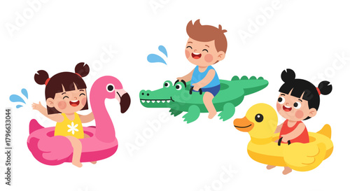 Joyful Children Float On Animated Inflatables, Embracing Summer Fun And Playtime