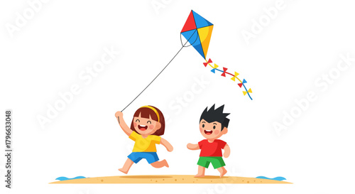 Joyful Children On The Beach Having Fun Playing With A Colorful Kite in Summer
