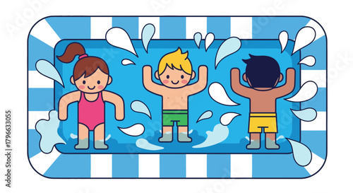 Joyful Children Playing and Splashing Water in a Swimming Pool Cartoon Illustration